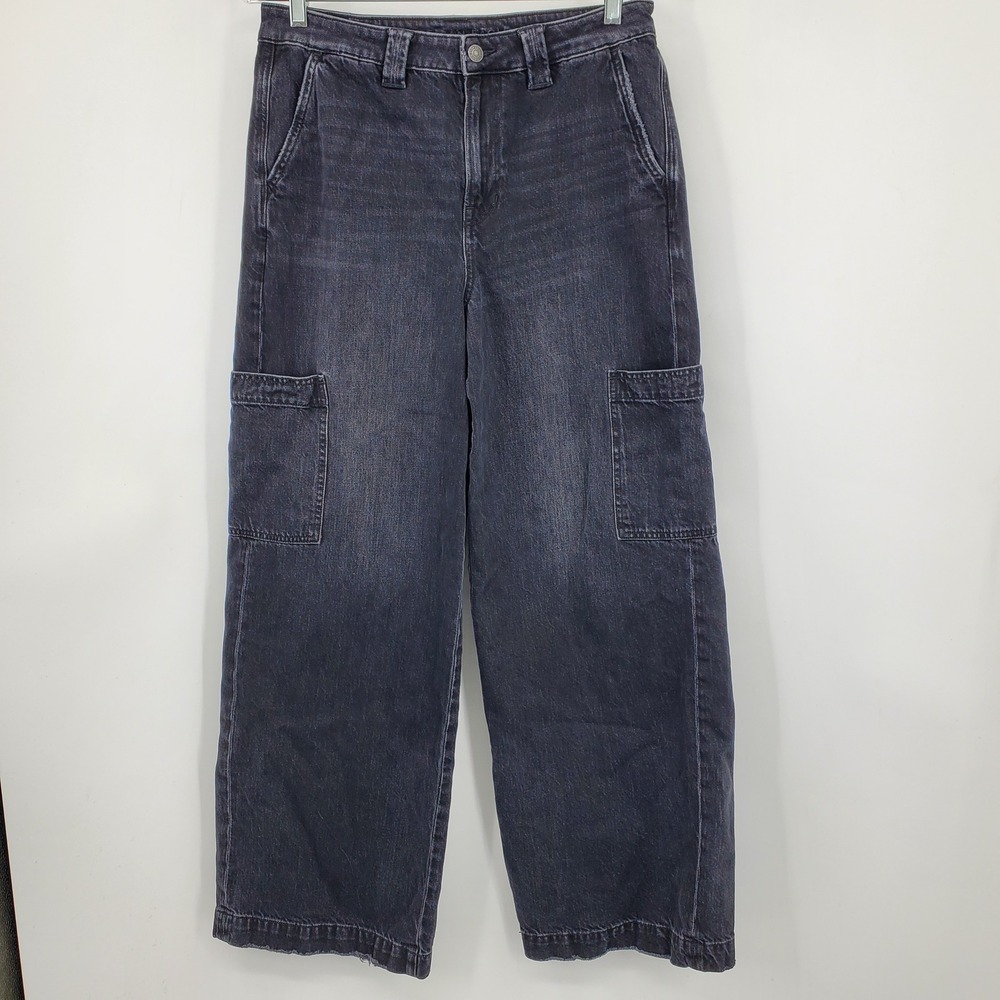 American Eagle Super High Rise Baggy Wide Leg Cargo Jeans Washed Black 10 Skater
